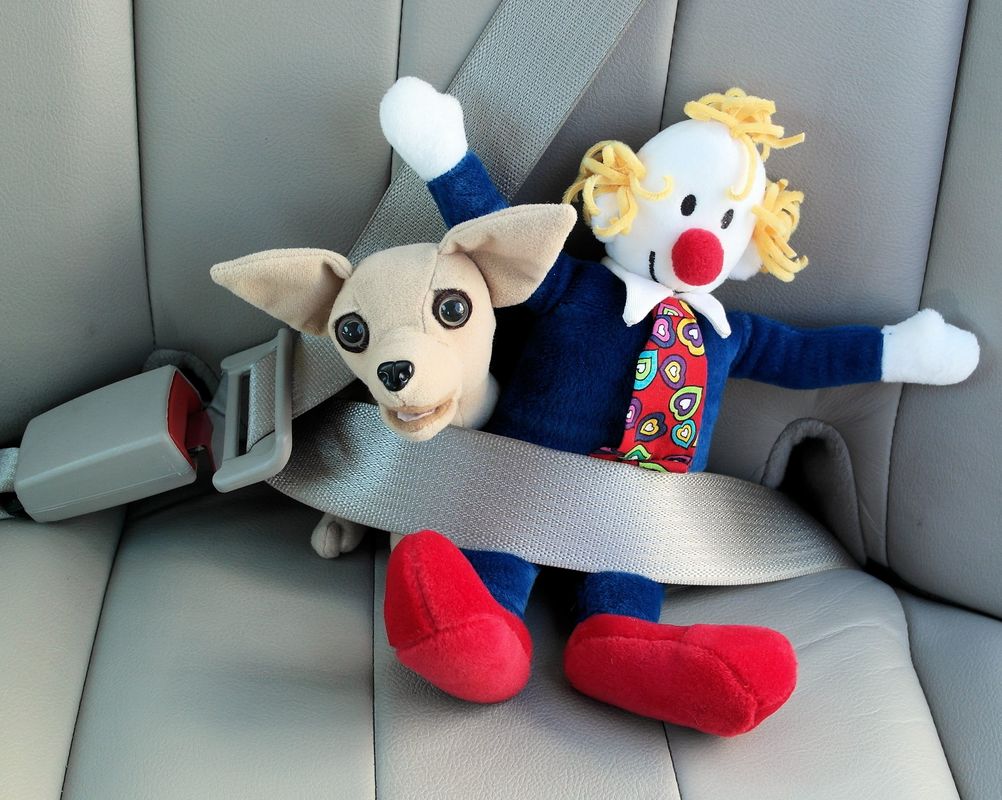 Picture Giggles and Gizmo wearing seat belts in the car